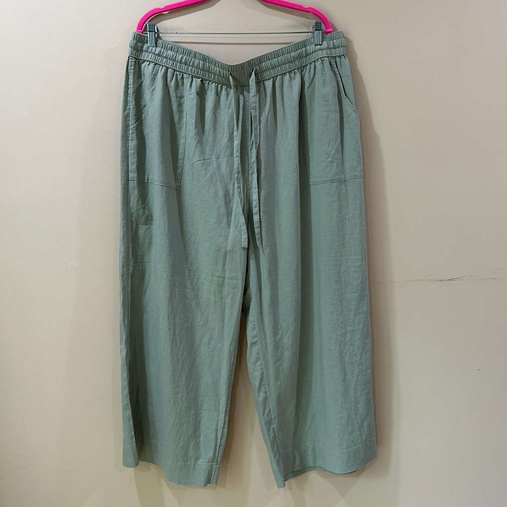 Cynthia Rowley Women’s Plus 2X Green Linen Blend Drawstring Pull On Pants New